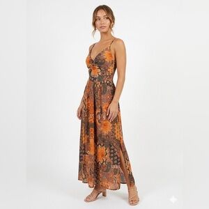 ANGIE MAXI DRESS ORANGE PAISLEY BOHO CUTOUT KEYHOLE ADJUSTABLE STRAP M